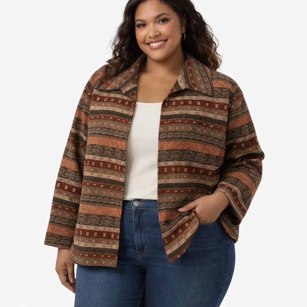 Women's Jacket Tapestry Open-Front Earthy Geometric Motifs Beaded Boho chic 20W